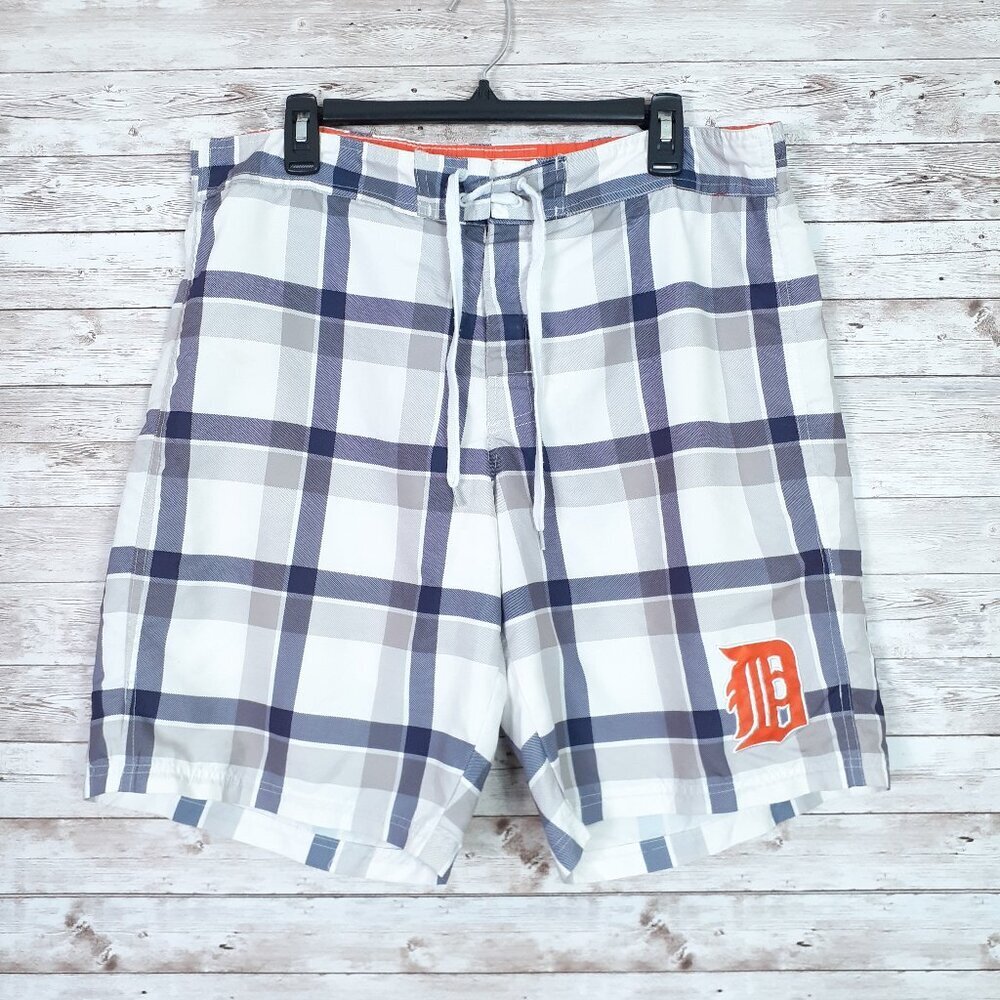 Detroit Tigers Mens Swim Trunks L Velcro Tie Waist Plaid Orange D 767